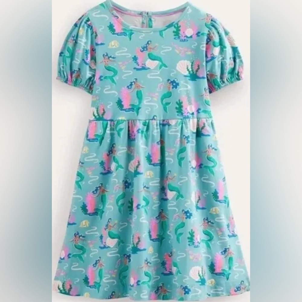 Mini Boden Aqua Mermaid Print Puff-Sleeve Dress -size 5-6